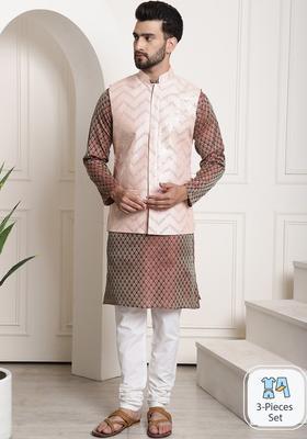 Maroon Woven Design Silk Kurta Set For Men