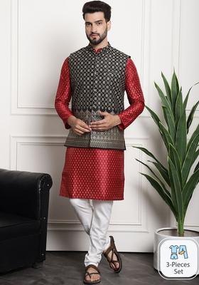 Maroon Printed Silk Kurta Set For Men