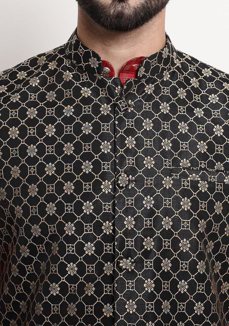 Maroon Printed Silk Kurta Set For Men - Indya