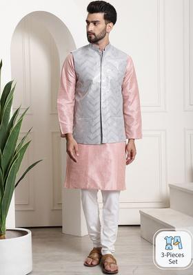 Pink Embroidered Silk Kurta Set For Men