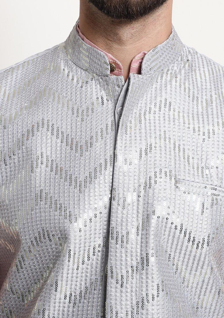 Pink Embroidered Silk Kurta Set For Men - Indya