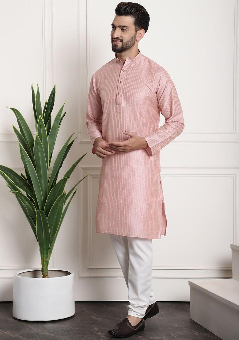 Pink Embroidered Silk Kurta Set For Men - Indya