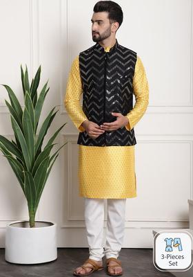 Yellow Printed Silk Kurta Set For Men