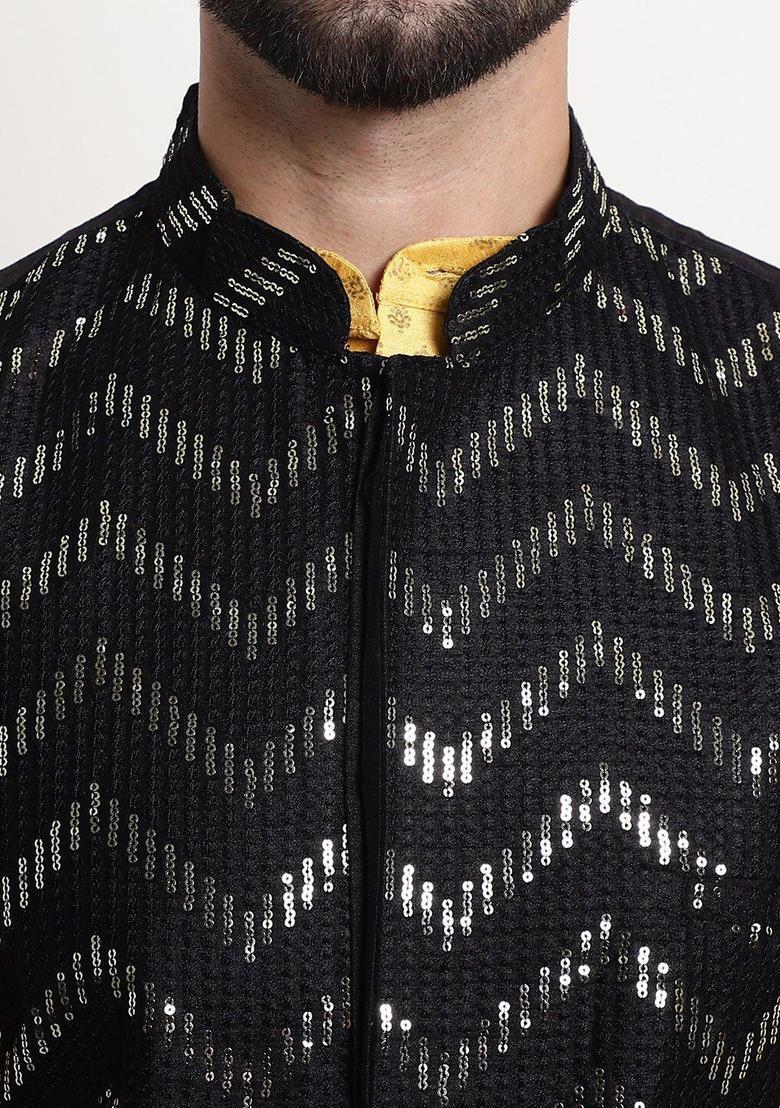 Yellow Printed Silk Kurta Set For Men - Indya