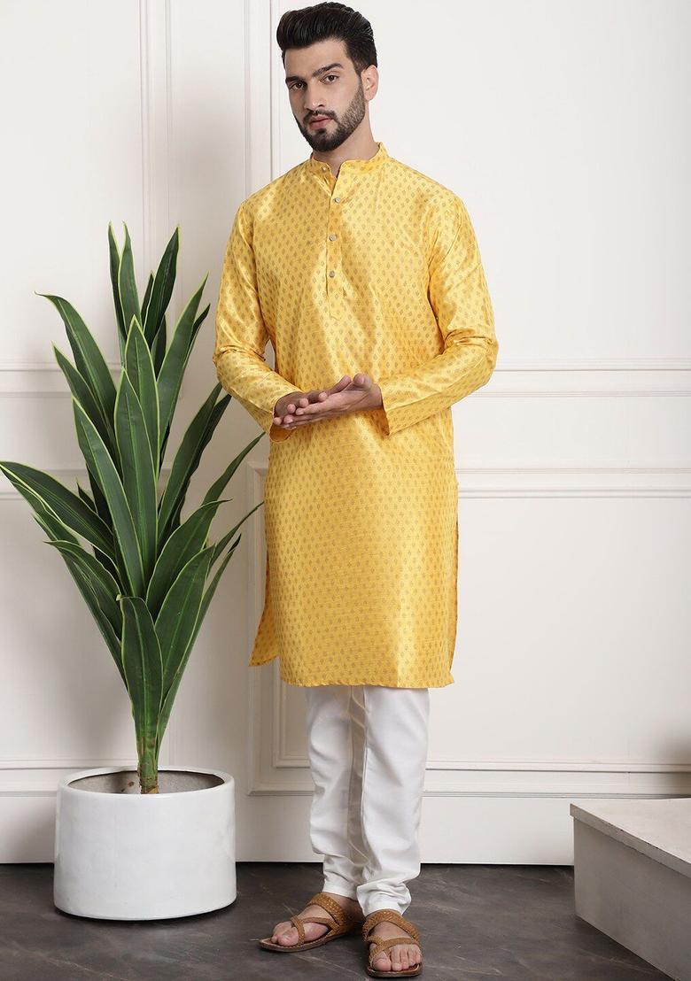 Yellow Printed Silk Kurta Set For Men - Indya