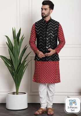 Maroon Embroidered Silk Kurta Set For Men