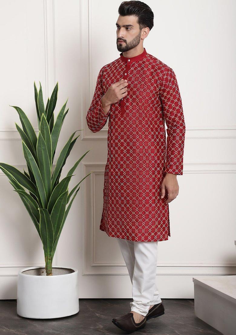 Maroon Embroidered Silk Kurta Set For Men - Indya