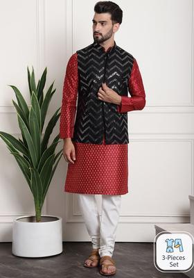 Maroon Printed Silk Kurta Set For Men
