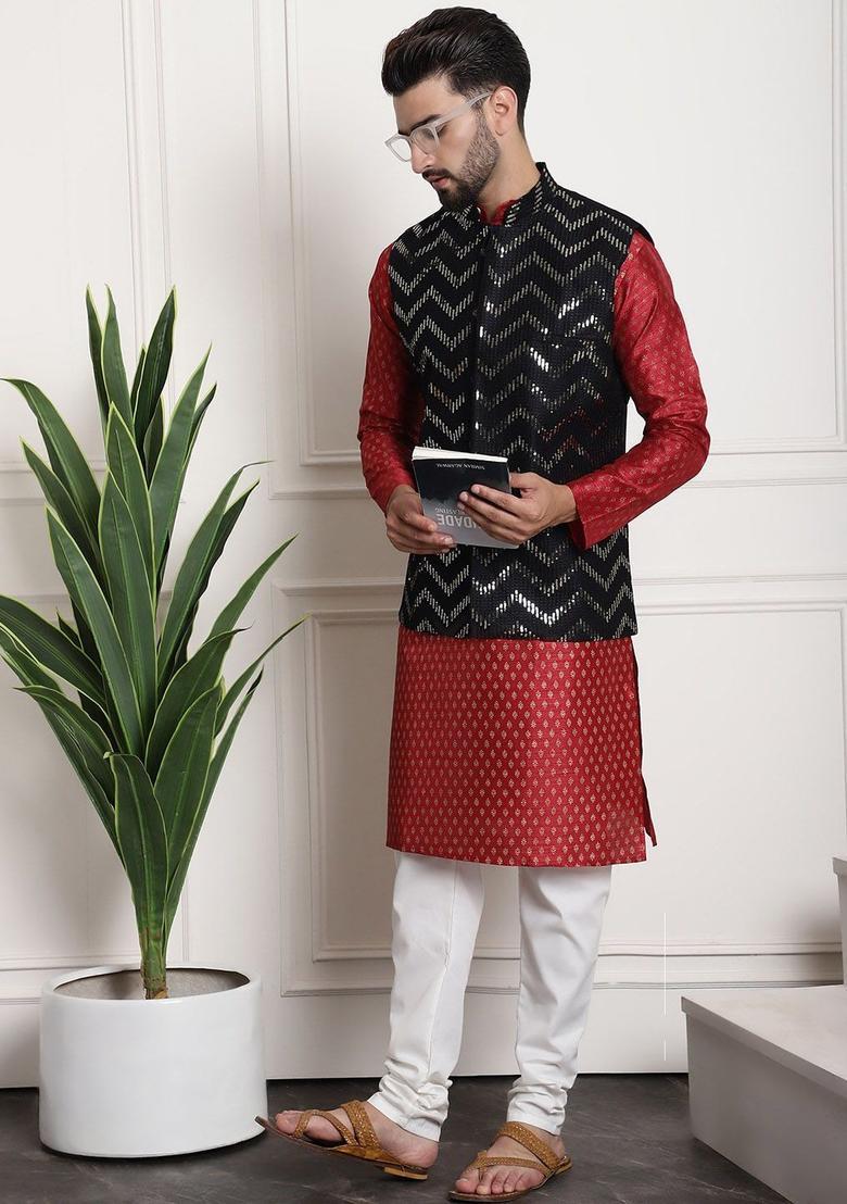 Maroon Printed Silk Kurta Set For Men - Indya