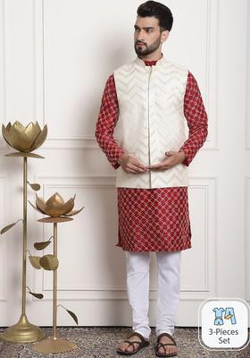 Maroon Embroidered Silk Kurta Set For Men