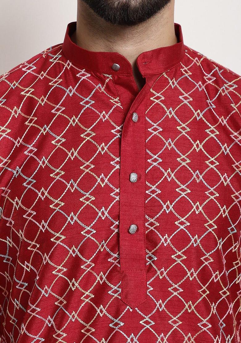 Maroon Embroidered Silk Kurta Set For Men - Indya