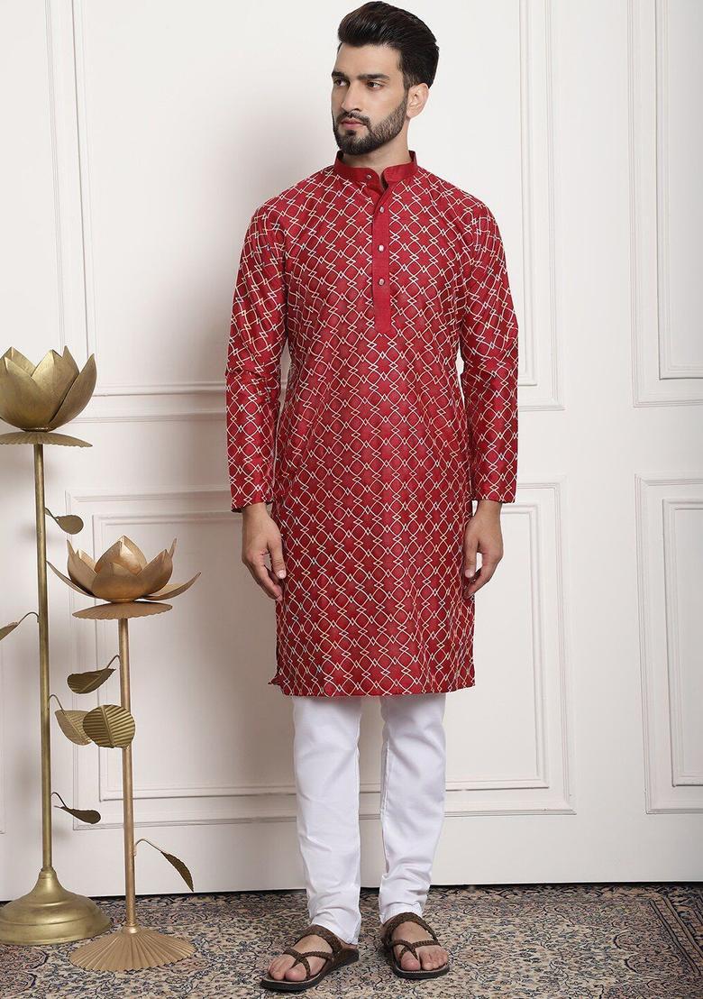 Maroon Embroidered Silk Kurta Set For Men - Indya