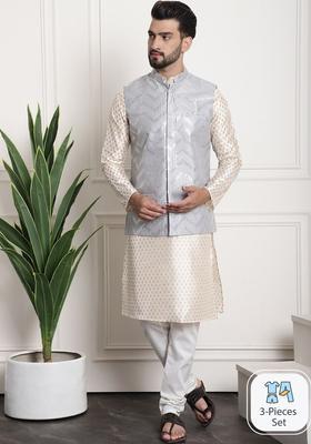 Beige Printed Silk Kurta Set For Men