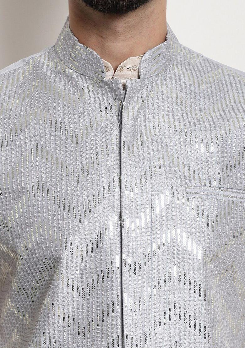 Beige Printed Silk Kurta Set For Men - Indya