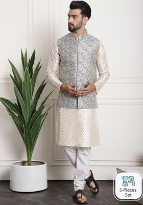 Beige Printed Silk Kurta Set For Men