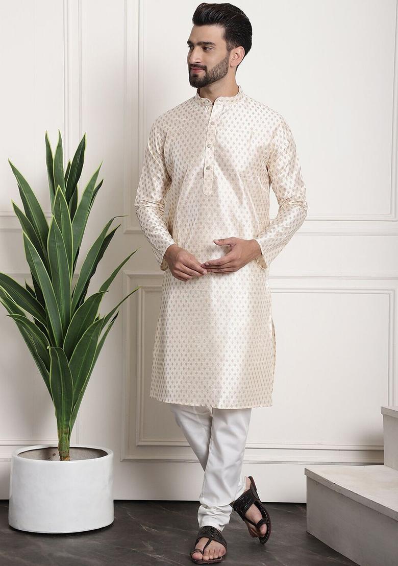 Beige Printed Silk Kurta Set For Men - Indya