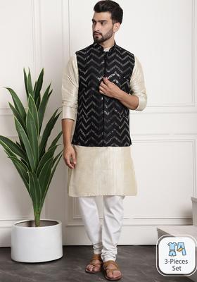 Beige Striped Silk Kurta Set For Men