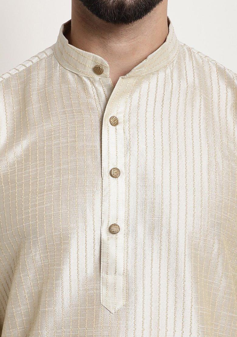 Beige Striped Silk Kurta Set For Men - Indya