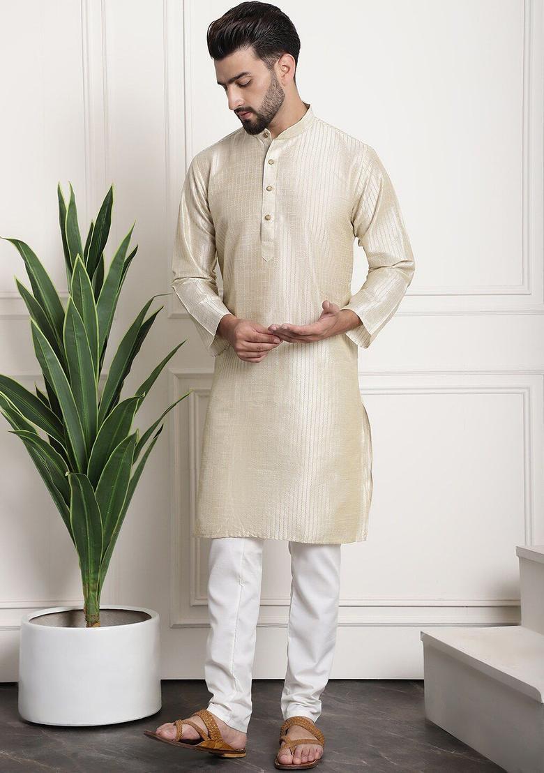 Beige Striped Silk Kurta Set For Men - Indya