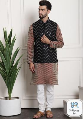 Maroon Woven Design Silk Kurta Set For Men