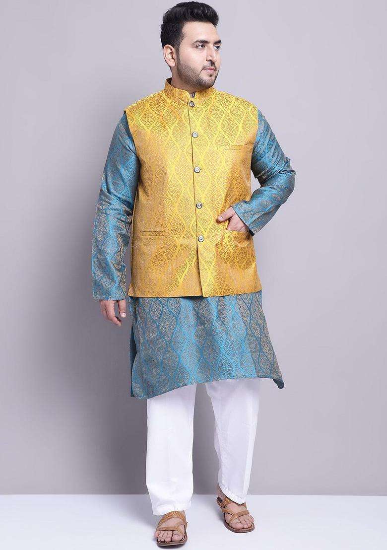 Blue Woven Design Silk Blend Kurta Set For Men - Indya
