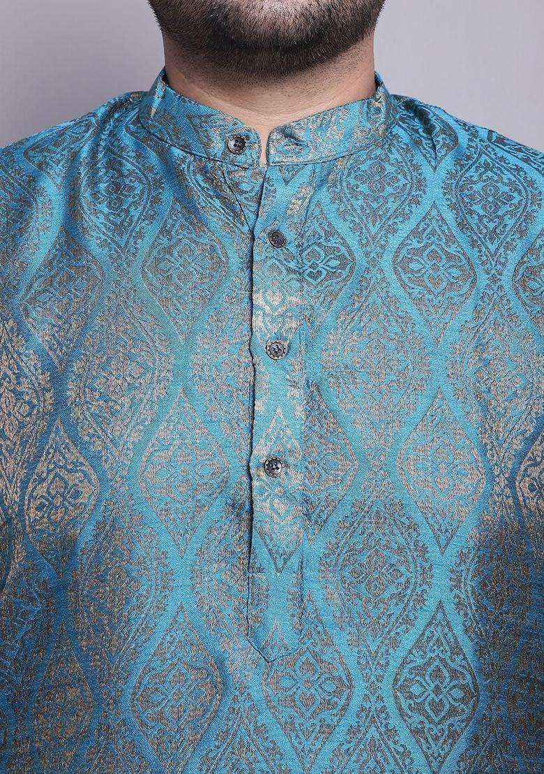 Blue Woven Design Silk Blend Kurta Set For Men - Indya