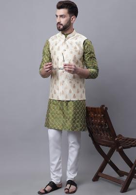 Olive Embroidered Silk Kurta Set For Men
