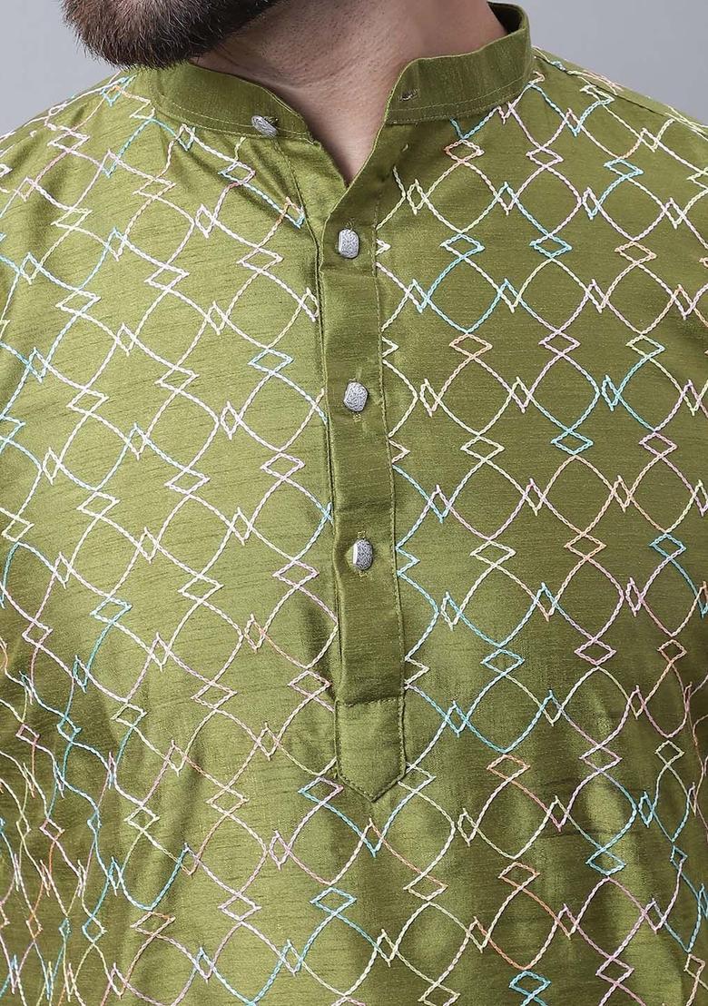 Olive Embroidered Silk Kurta Set For Men - Indya