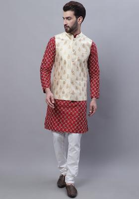 Maroon Embroidered Silk Kurta Set For Men