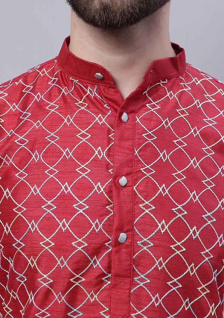 Maroon Embroidered Silk Kurta Set For Men - Indya