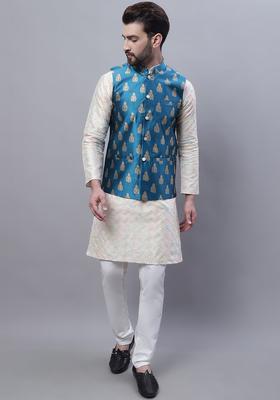 Beige Embroidered Silk Kurta Set For Men