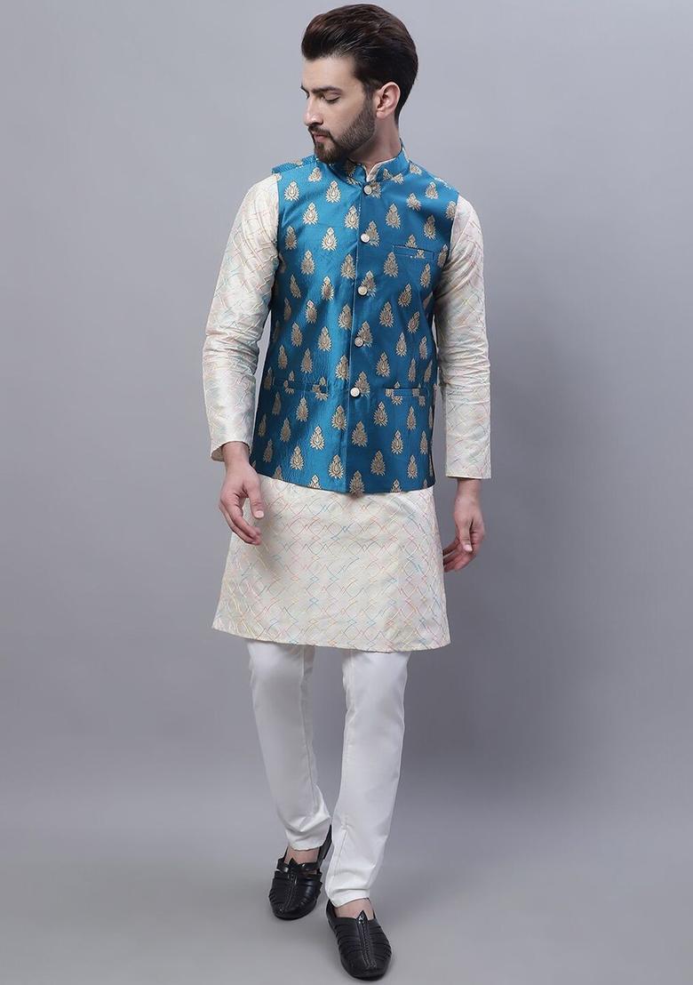 Beige Embroidered Silk Kurta Set For Men - Indya