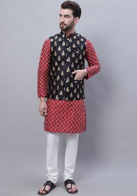 Maroon Embroidered Silk Kurta Set For Men