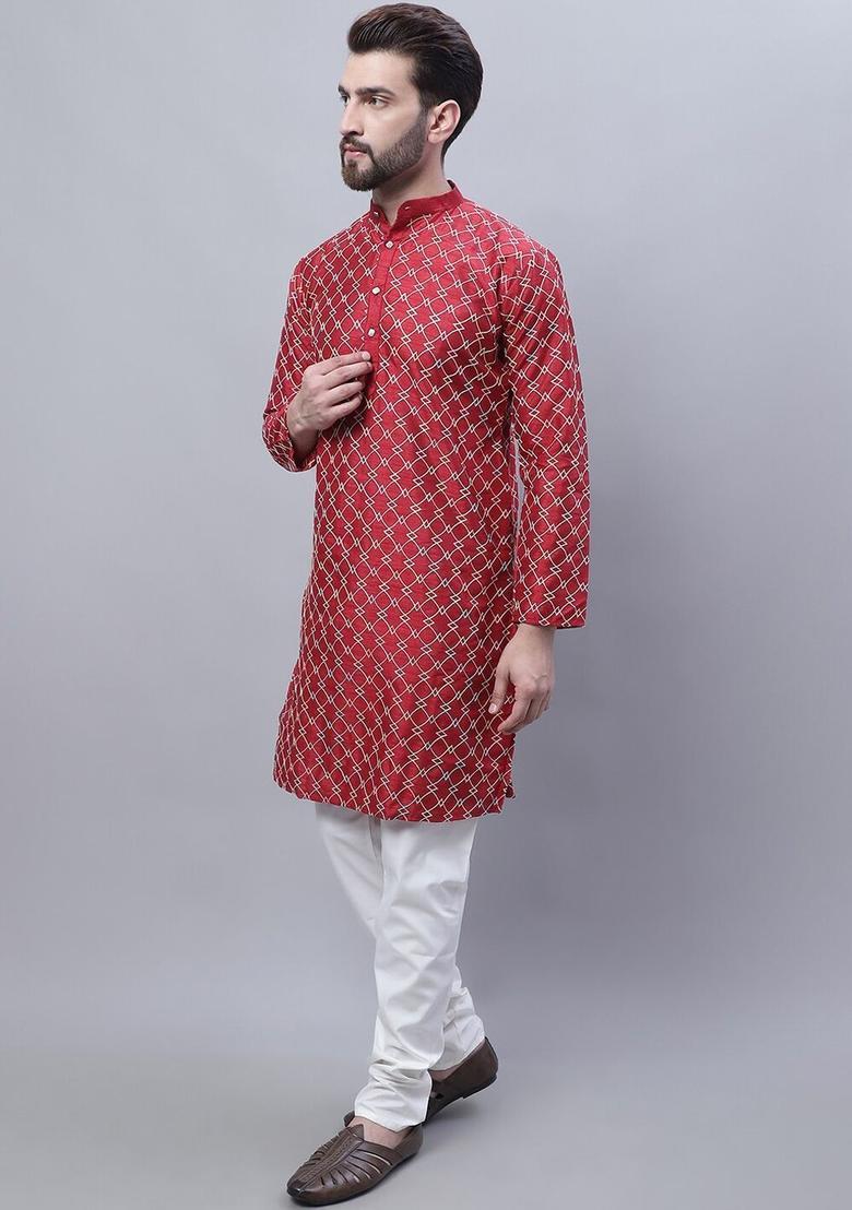Maroon Embroidered Silk Kurta Set For Men - Indya