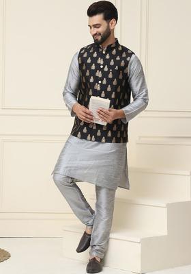 Grey Self Design Silk Kurta Set For Men