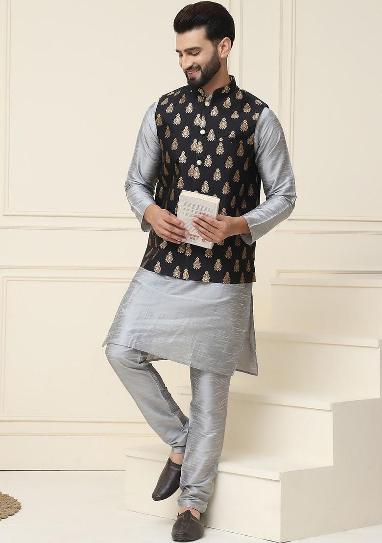 Grey Self Design Silk Kurta Set For Men - Indya