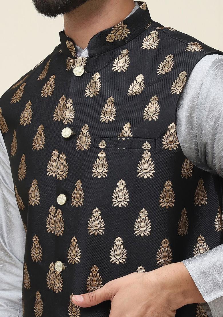 Grey Self Design Silk Kurta Set For Men - Indya