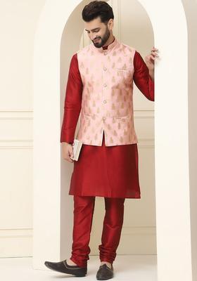 Maroon Self Design Silk Kurta Set For Men