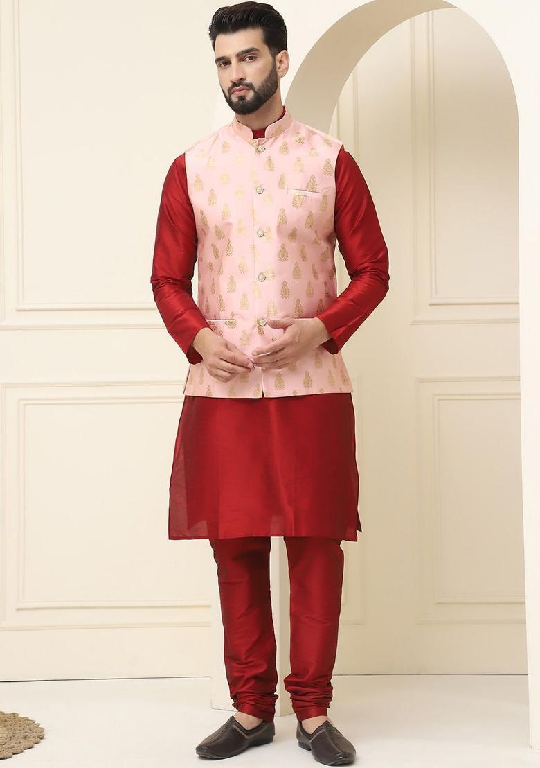 Maroon Self Design Silk Kurta Set For Men - Indya