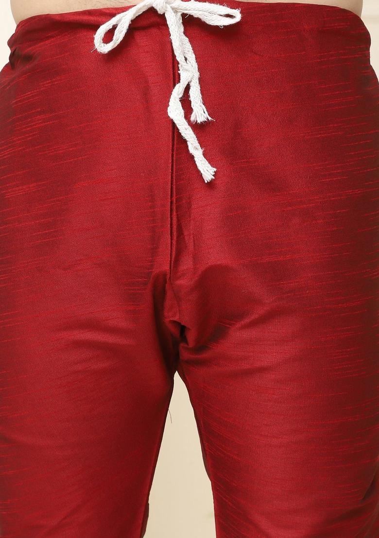 Maroon Self Design Silk Kurta Set For Men - Indya