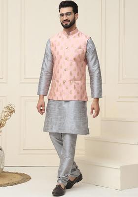 Grey Self Design Silk Kurta Set For Men