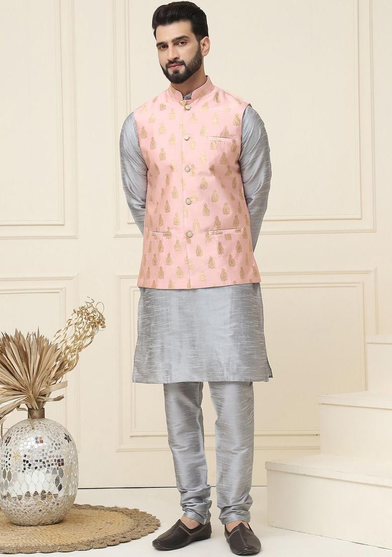 Grey Self Design Silk Kurta Set For Men - Indya