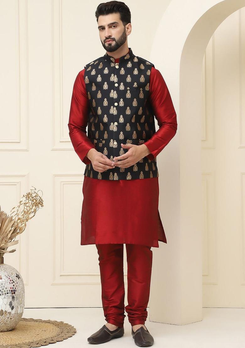Maroon Self Design Silk Kurta Set For Men - Indya