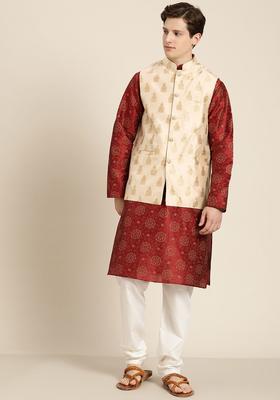 Maroon Printed Silk Kurta Set For Men