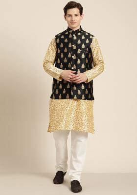 Beige Printed Silk Kurta Set For Men