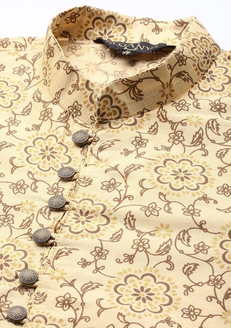 Beige Printed Silk Kurta Set For Men - Indya