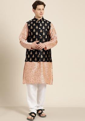 Pink Printed Silk Kurta Set For Men