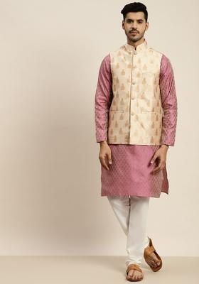 Pink Woven Design Silk Kurta Set For Men