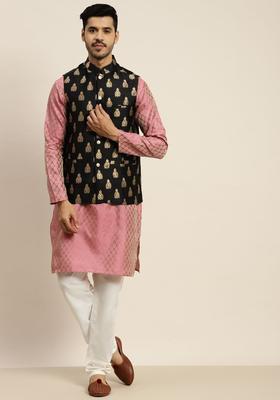 Pink Woven Design Silk Kurta Set For Men