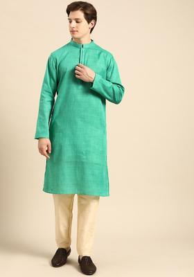 Green Woven Design Cotton Kurta Set For Men
